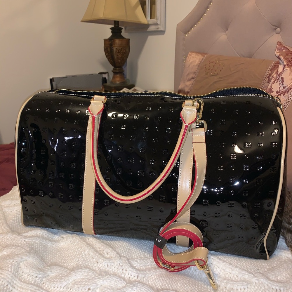 Arcadia Black Patent Leather Weekender Bag